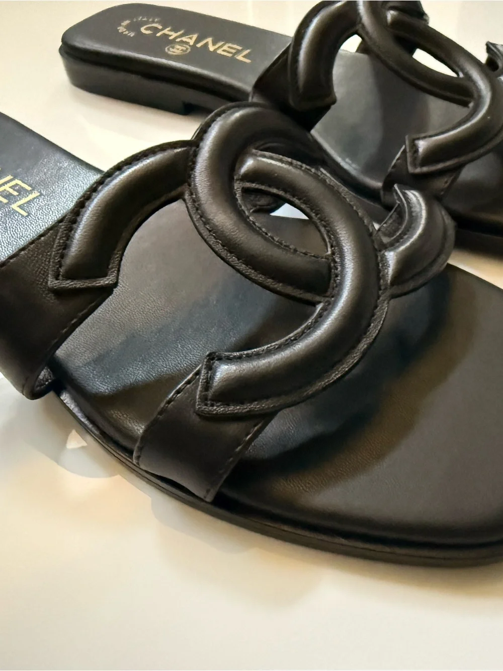 CHANEL Black Padded CC Logo Slide mule Sandals
